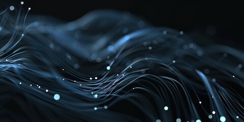 A deep black surface with minimalist, glowing fiber optic threads, Luminous and dynamic composition