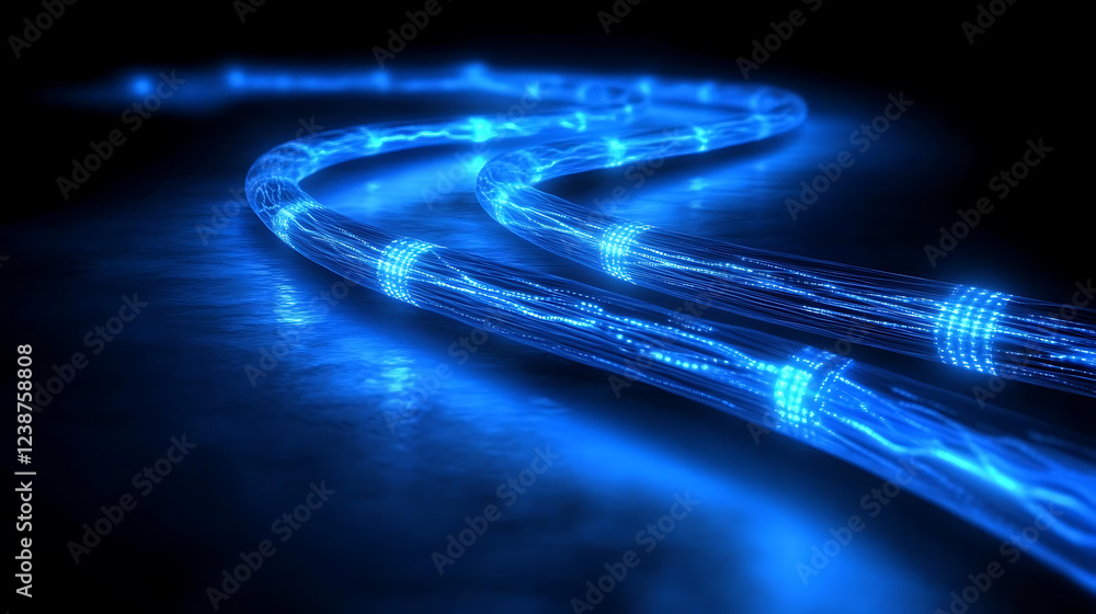 Aufkleber a glowing blue cable-like structure meanders through a dark background, creating a futuristic and te