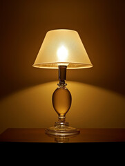Illuminated table lamp, soft light, glass base, fabric shade.