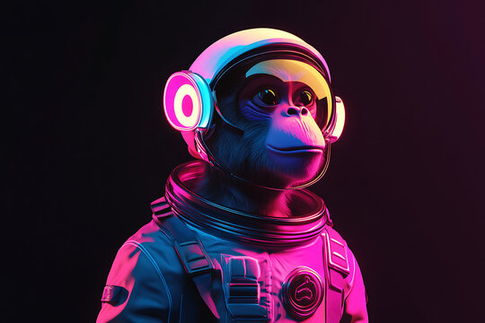 a chimpanzee wearing an astronaut spacesuit, monkey wearing a space suit, a monkey, monkey, monkey wearing an astronaut spacesuit, neon, black background, dark background, 3d rendering