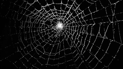 Obraz premium Intricate spider web with dewdrops on black background