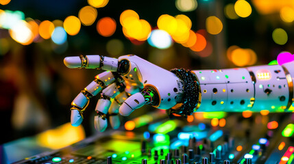 Robotic hand manipulating illuminated control panel; futuristic technology.