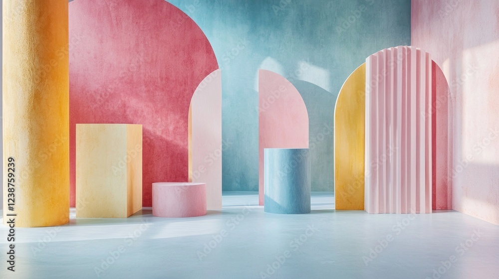 Poster vibrant pastel-colored geometric forms create a playful yet serene atmosphere. soft sunlight casts g