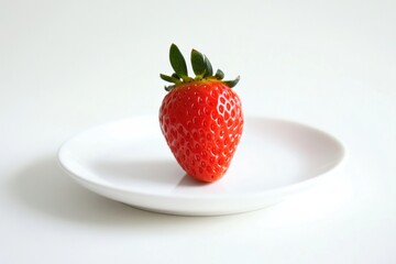 A Single Red Strawberry on a White Plate