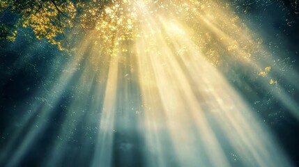 Divine light beams illuminate the earth, symbolizing God's presence.
