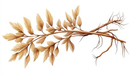Detailed illustration of a dried branch with leaves and roots, perfect for nature-themed designs and backgrounds