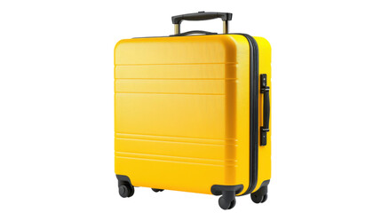 Fototapeta premium Yellow suitcase on wheels standing upright on transparent background