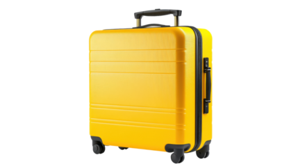 Yellow suitcase on wheels standing upright on transparent background