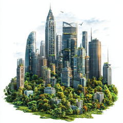 Eco-City: Skyscrapers nestled in lush greenery.