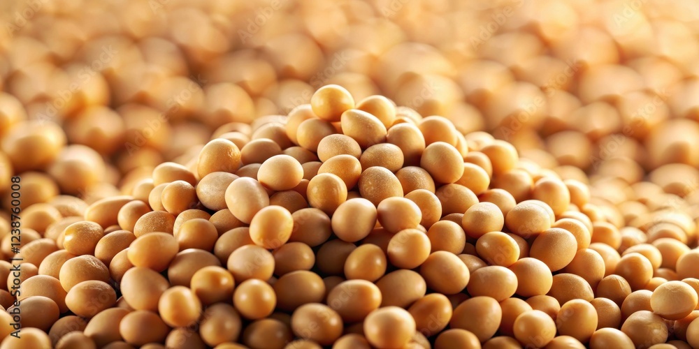 Poster A close-up view of a mound of golden-hued soybeans, showcasing their smooth texture and subtle variations in color, against a softly blurred background of similar beans.