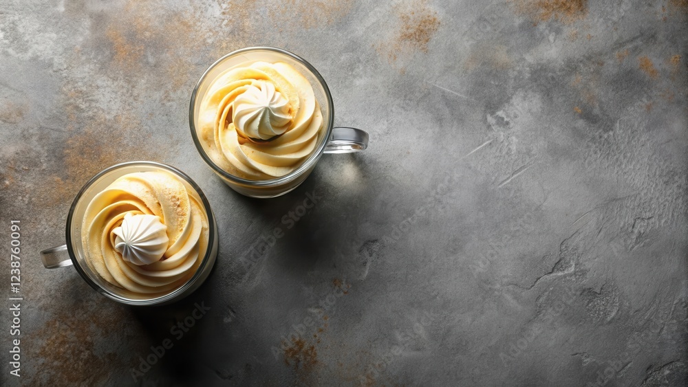 Poster two cups of swirled creamy dessert with meringue topping on a textured surface