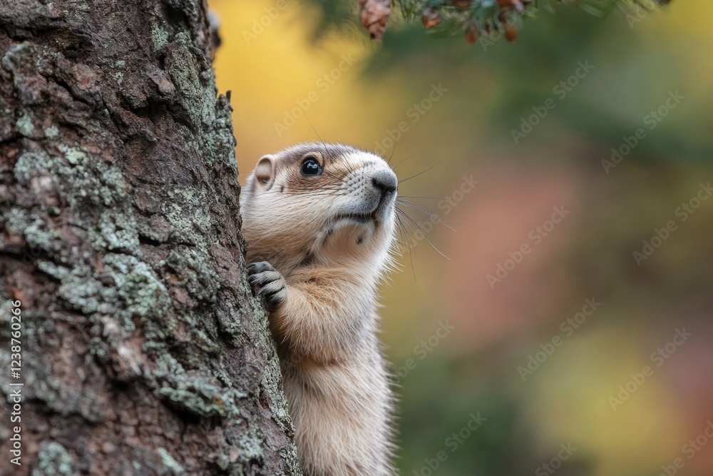 Poster a squirrel looks out from behind a tree trunk, possibly searching for food or hiding from predators