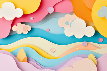 Pastel paper-cut landscape: whimsical clouds, wavy hills, and playful elements.