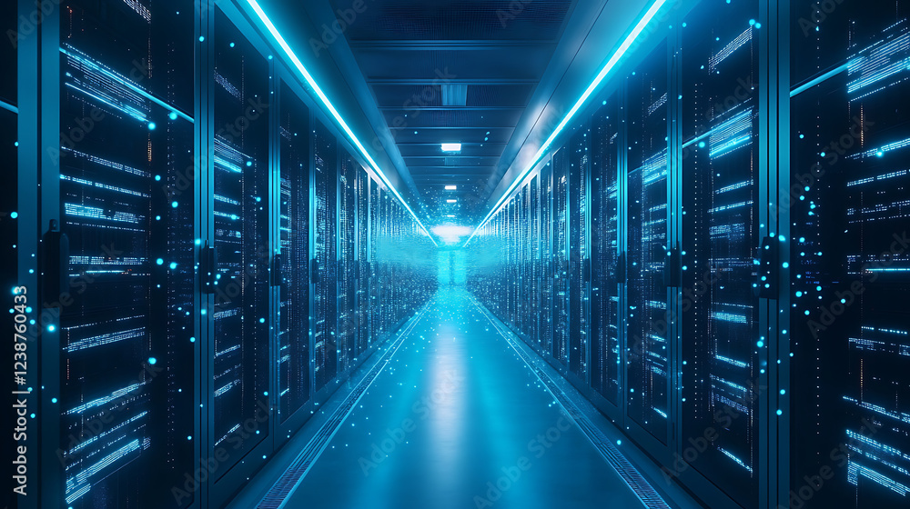 Aufkleber a futuristic data center corridor lined with glowing server racks, illuminated by blue lights, creat