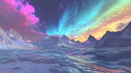 Fototapeta premium A surreal landscape featuring a vibrant, colorful sky filled with shades of pink, blue, and purple, casting a mystical glow over a snow-covered mountain range. The scene is bathed in ethereal light, c