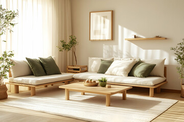 Serene Minimalist Living Room:  Light Wood Furniture and Natural Decor
