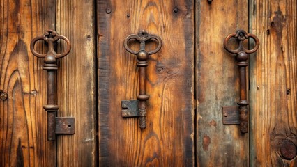 Old wooden door with three antique keys, rusty and worn out, rusty, wood,  rusty, wood, old home accessories,keys