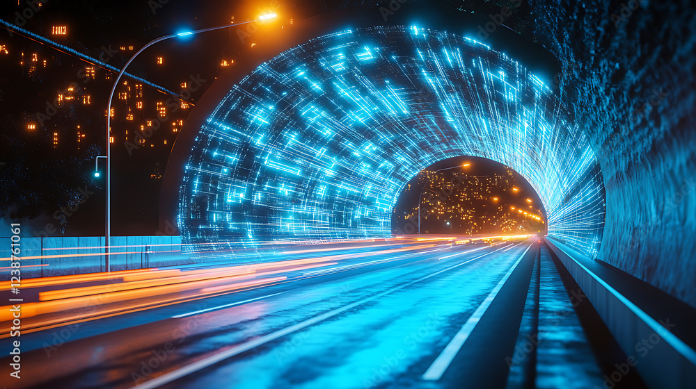Aufkleber a vibrant tunnel with dynamic light trails, creating a sense of speed and motion, illuminated by glo
