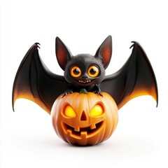 Halloween-Themed Bat with a Cute Pumpkin-Shaped Body, Tiny Vampire Cape, and Glowing Yellow Eyes, Playful and Festive, Isolated on White Background