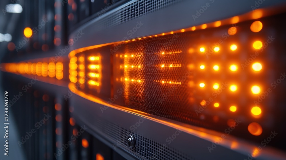 Aufkleber close-up view of illuminated server rack showcasing orange led lights in a data center