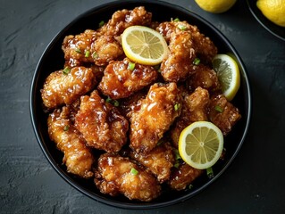 Spicy fried chicken wings served with lemon slices for a tangy finish.