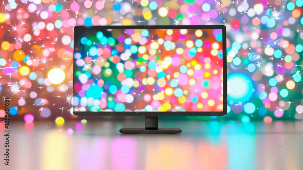 Poster vibrant display of colorful lights illuminating a monitor in a festive holiday setting