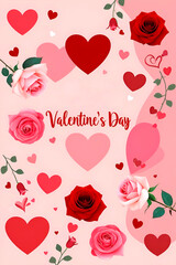 Romantic background for a Valentine's Day card with soft shades of pink and red and images of hearts and flowers such as roses.