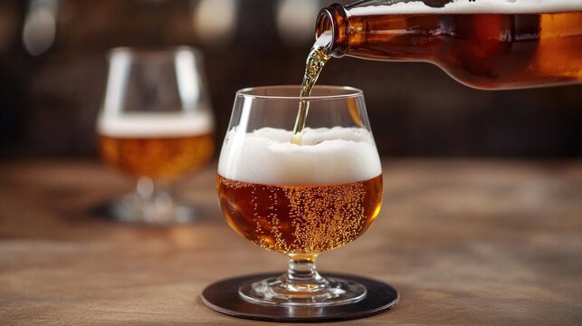 A clear glass filled with beer as it's being poured from a bottle or tap
