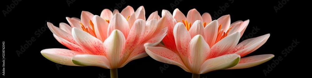 Poster close-up view of two pink flowers on a dark background, ideal for use in branding, packaging or edit