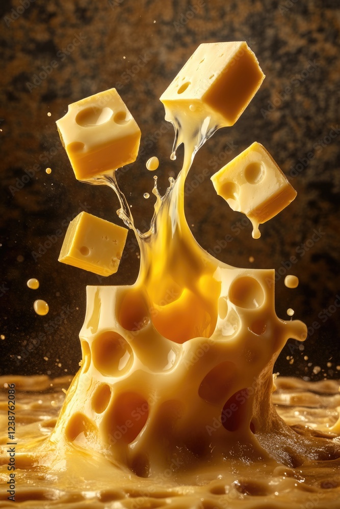Poster a close up of a yellow cheese with a splash of milk. the cheese is in a bowl and the milk is splashi