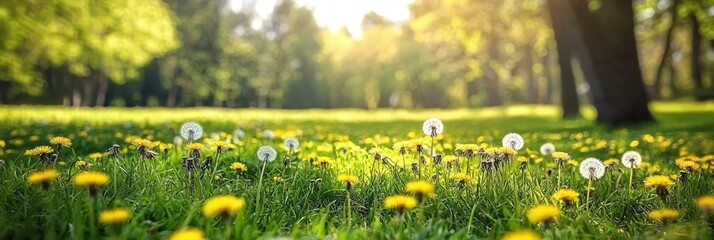 Serene Garden View with Dandelions and Trees