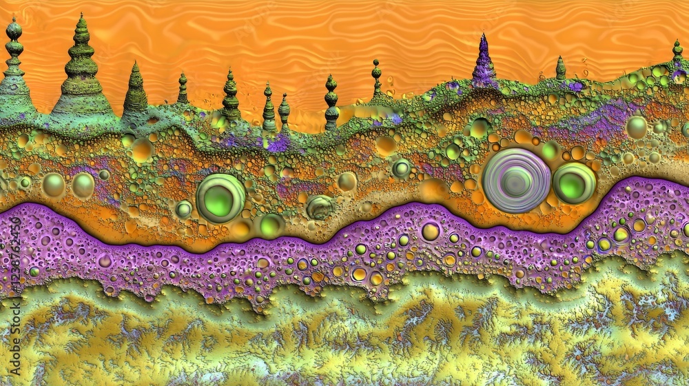 Poster vibrant abstract landscape with unique shapes and colorful patterns