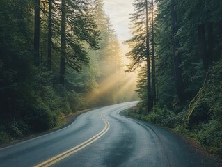 Obraz premium misty mountain road winding through ancient redwood forest, ethereal morning light filtering through towering trees