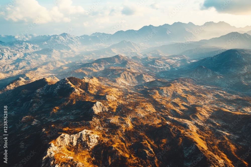 Poster view of a mountain range from above, featuring peaks and valleys