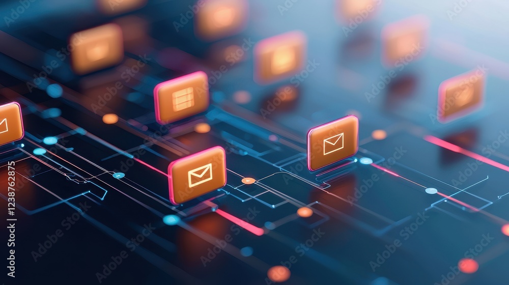 Poster a digital network featuring floating email icons, symbolizing communication and technology in a futu