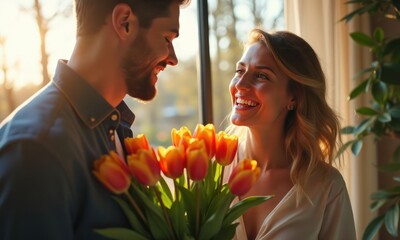 Man holds bouquet of tulips flowers for pretty smiling woman. Concept of womens day or holiday