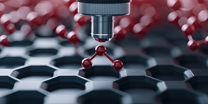 A close-up view of a precision tool interacting with red atoms on a hexagonal structure, illustrating advanced material manipulation.