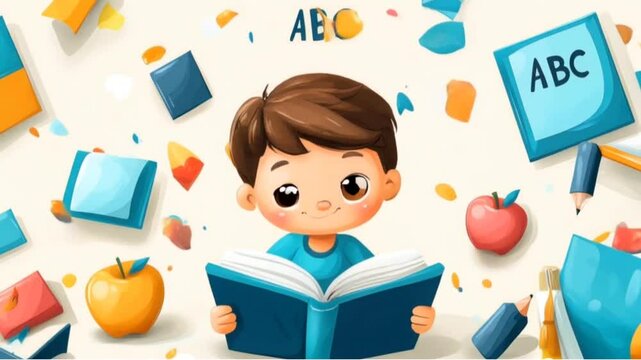 Boy is sitting and reading a book with ABC theme. Japanese anime cartoon style animation background