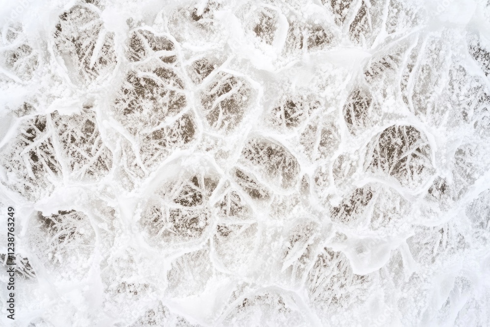 Poster A close-up view of a snowy ground with intricate patterns and textures