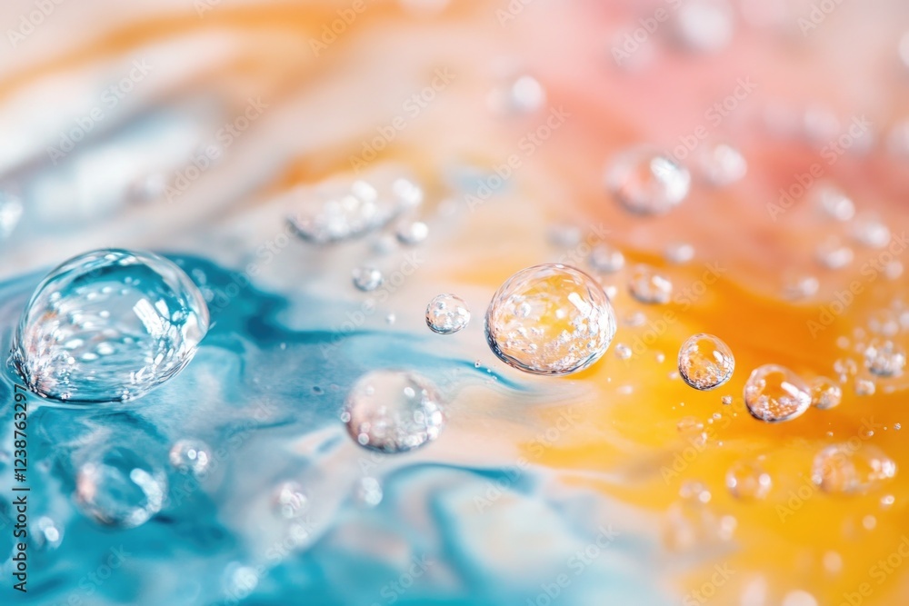 Poster close-up shot of water bubbles on a vibrant background, great for use in science or nature-related p