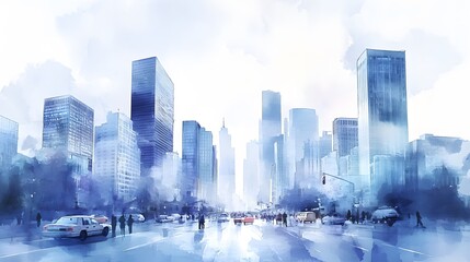 Obraz premium A Watercolor Cityscape Depicting Modern Skyscrapers and Street Life