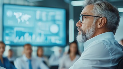 A focused professional with grey hair and glasses listens intently during a corporate presentation, surrounded by colleagues in a modern office setting.