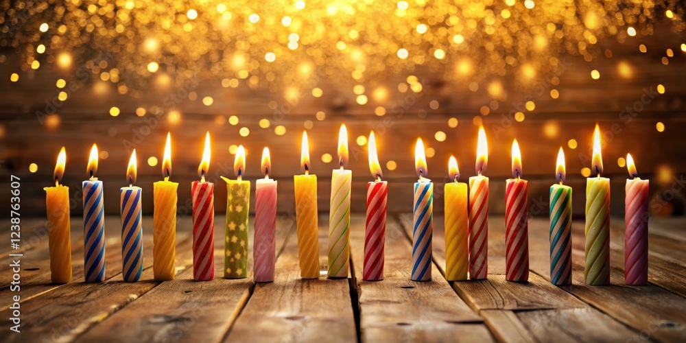 Aufkleber A row of colorful, lit birthday candles on a rustic wooden surface with a warm, bokeh background
