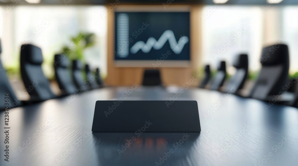 Poster a modern conference room with a sleek table and a presentation screen displaying a rising graph.