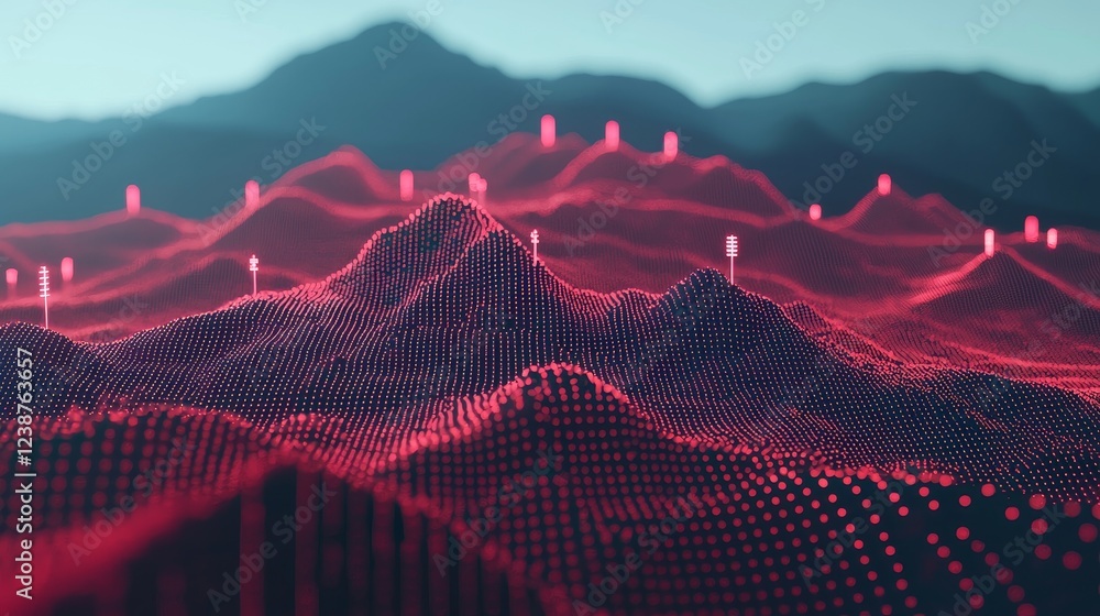 Poster abstract exploration of data landscapes with red dot patterns and depth