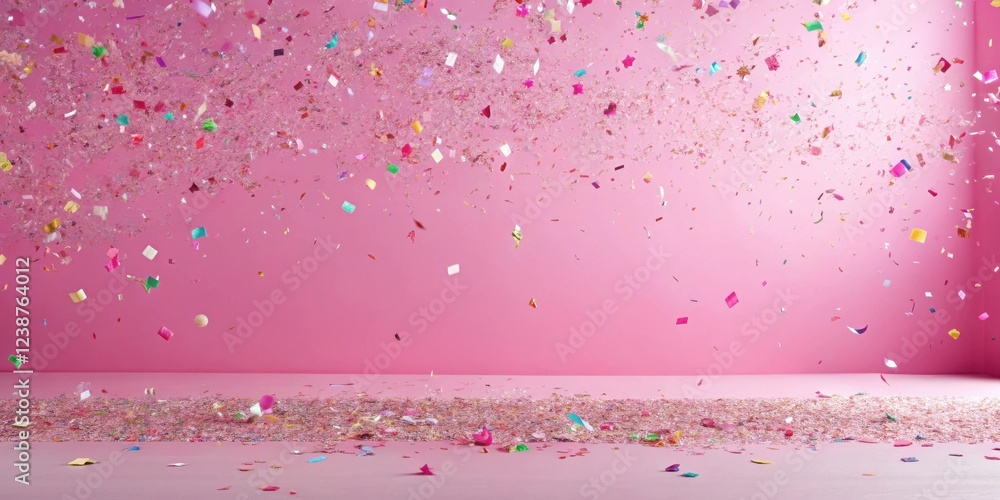 Poster pink backdrop with falling confetti and a pile of colorful sprinkles on the floor