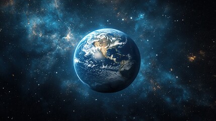 Earth in space with stars and nebulae: beautiful planetary view from outer space