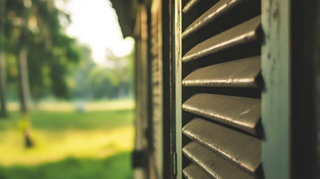 Close-up of wooden shutters with sunlight filtering through, surrounded by a serene green landscape - Powered by Adobe