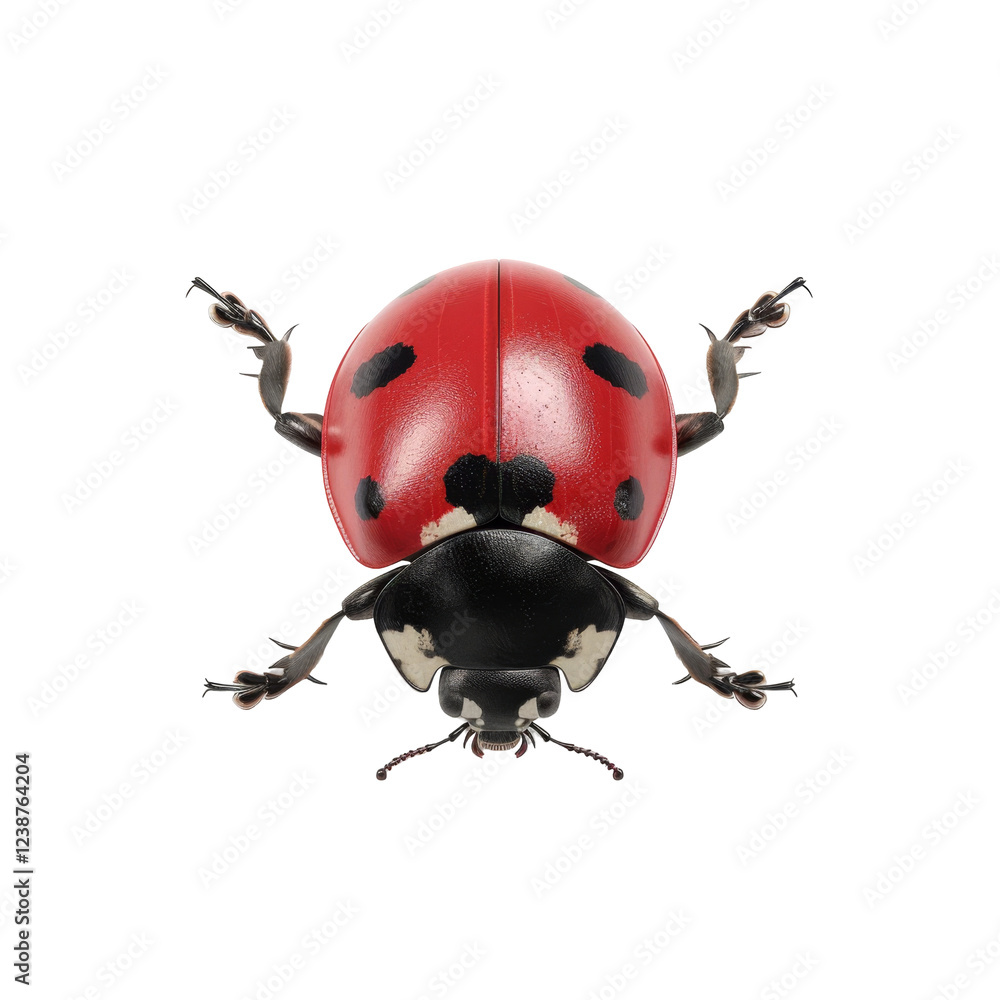 Poster close-up of a ladybug with distinct red and black patterns on its shell and delicate legs extended