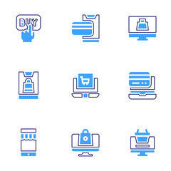 Online shopping icon set. Bold line style. Duotone colors. Editable stroke. online shopping, buy online, online shop, laptop, online payment, online grocery, shop, buy, mobile store